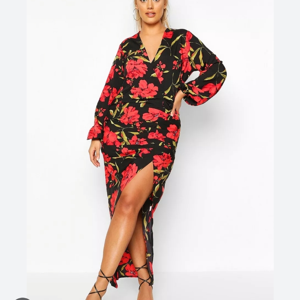 Boohoo Plus Black Maxi Dress with Red Floral Print